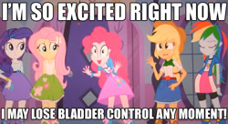 Size: 631x344 | Tagged: safe, imported from derpibooru, applejack, fluttershy, pinkie pie, rainbow dash, rarity, equestria girls, caption, exploitable meme, image macro, mane six, meme, need to pee, pinkie has a crazy idea, potty time