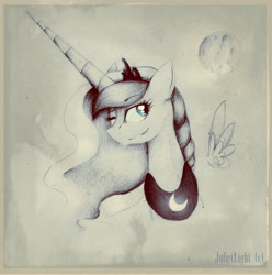 Size: 1640x1656 | Tagged: safe, artist:the-kirion, imported from derpibooru, princess luna, bust, female, grin, head, monochrome, moon, solo, traditional art, wink