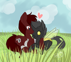 Size: 500x435 | Tagged: source needed, safe, artist:indiefoxtail, imported from derpibooru, oc, oc only, oc:steel soul, oc:vanilla the changeling, changeling, earth pony, pony, changeling oc, cuddling, female, male, snuggling, stallion, yellow changeling