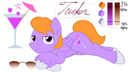 Size: 640x360 | Tagged: safe, artist:potes, imported from derpibooru, oc, oc only, oc:tucker, pegasus, pony, aviator glasses, bedroom eyes, cocktail, cursive writing, male, prone, reference sheet, solo, sunglasses