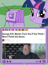 Size: 563x771 | Tagged: safe, imported from derpibooru, twilight sparkle, a song of ice and fire, exploitable meme, george r.r. martin, meme, obligatory pony, tv meme, twiface, vulgar