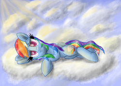 Size: 1754x1240 | Tagged: safe, artist:manfartwish, imported from derpibooru, rainbow dash, cloud, cloudy, female, looking at you, on a cloud, on side, side, solo