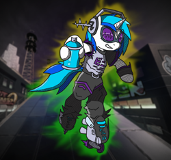 Size: 850x794 | Tagged: safe, artist:gamefreakdx, imported from derpibooru, dj pon-3, vinyl scratch, anthro, pony, semi-anthro, unicorn, clothes, crossover, female, headset, jet set radio, jet set radio future, roller skates, solo, spray can