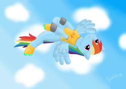 Size: 1600x1131 | Tagged: safe, artist:gorlenah, imported from derpibooru, rainbow dash, beat, cosplay, crossover, female, flying, jet set radio, solo, watermark