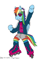 Size: 1280x1819 | Tagged: safe, artist:jinseikyuzai, imported from derpibooru, rainbow dash, semi-anthro, crossover, female, jet set radio, roller skates, solo