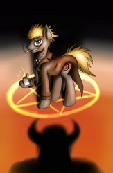 Size: 1280x1958 | Tagged: safe, imported from derpibooru, earth pony, pony, clothes, coat, grin, hellblazer, john constantine, lighter, looking at you, male, pentagram, ponified, shadow, smiling, smoking, stallion