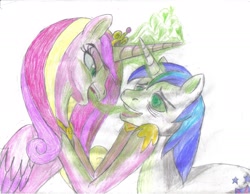 Size: 1645x1277 | Tagged: safe, artist:semijuggalo, imported from derpibooru, princess cadance, queen chrysalis, shining armor, changeling, pony, unicorn, changeling feeding, disguise, disguised changeling, draining, duo, fake cadance, heart, magic, mind control, traditional art