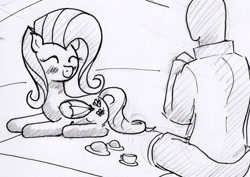 Size: 1417x1002 | Tagged: artist needed, safe, imported from derpibooru, fluttershy, oc, oc:anon, human, blushing, cute, eyes closed, monochrome, prone, sitting, sketch, smiling, tea party, teacup, traditional art