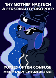 Size: 500x694 | Tagged: safe, artist:drpain, imported from derpibooru, princess luna, clothes, female, hoodie, hug life, rapping luna, solo, sunglasses, wu-mustang clan, yo momma joke, your mom