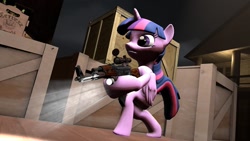 Size: 1240x698 | Tagged: safe, artist:epickitty54, imported from derpibooru, twilight sparkle, alicorn, pony, 3d, ak-47, badass, epic, female, gun, mare, poster, rifle, solo, source filmmaker, twilight sparkle (alicorn), weapon