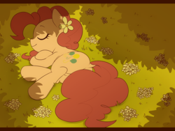 Size: 1024x768 | Tagged: safe, artist:umeguru, artist:うめぐる, imported from derpibooru, pinkie pie, earth pony, pony, dock, eyes closed, female, flower, flower in hair, grass, mare, shade, sleeping, smiling, solo, strategically covered, tail censor