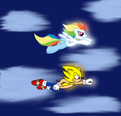 Size: 3472x3304 | Tagged: safe, artist:rb-gameaddict, imported from derpibooru, rainbow dash, crossover, flying, sonic the hedgehog, sonic the hedgehog (series), super rainbow dash, super sonic