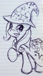 Size: 724x1280 | Tagged: safe, artist:kiwimodgummio, imported from derpibooru, trixie, pony, unicorn, female, lined paper, mare, monochrome, smiling, solo, traditional art