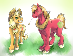 Size: 950x731 | Tagged: safe, artist:carnivorouscaribou, artist:moenkin, imported from derpibooru, applejack, big macintosh, earth pony, pony, brother and sister, female, male, siblings, stallion