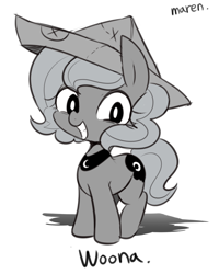Size: 1400x1751 | Tagged: safe, artist:maren, imported from derpibooru, princess luna, pony, moonstuck, cartographer's cap, cute, female, filly, grayscale, grin, hat, looking at you, monochrome, smiling, solo, woona