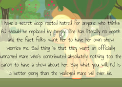 Size: 1000x720 | Tagged: safe, imported from derpibooru, applejack, derpy hooves, the last roundup, derpygate, drama, female, hate, meta, mlpconfessions, old drama, solo, text, tl;dr