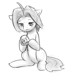 Size: 665x740 | Tagged: safe, artist:alloyrabbit, imported from derpibooru, oc, oc only, oc:ultramare, earth pony, pony, monochrome, mug, sad, sketch, solo