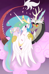 Size: 2176x3304 | Tagged: safe, artist:go0re, imported from derpibooru, discord, princess celestia, bouquet, dislestia, female, flower, male, shipping, straight