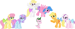 Size: 4227x1660 | Tagged: safe, artist:itoruna-the-platypus, imported from derpibooru, applejack (g1), firefly, posey, sparkler (g1), spike, surprise, twilight, g1, g1 six, g1 to g4, g4, generation leap, simple background, tail bow, transparent background, vector