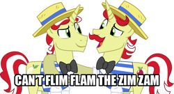 Size: 1024x554 | Tagged: safe, artist:nero-narmeril, imported from derpibooru, flam, flim, can't flim flam the zim zam, exploitable meme, flim flam brothers, meme