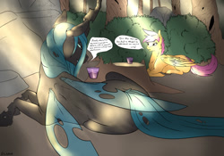 Size: 1280x896 | Tagged: safe, artist:backlash91, imported from derpibooru, queen chrysalis, scootaloo, dialogue, forest, story included