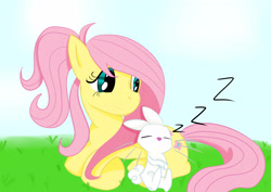 Size: 3507x2480 | Tagged: safe, artist:flam3zero, imported from derpibooru, angel bunny, fluttershy, alternate hairstyle, paint tool sai, ponytail, sleeping, tablet, zzz