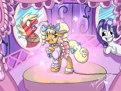 Size: 1024x768 | Tagged: safe, artist:mare--in--the--moon, imported from derpibooru, applejack, big macintosh, rarity, earth pony, pony, alternate hairstyle, applejack also dresses in style, carousel boutique, clothes, dress, grin, male, shackles, shocked, stallion, uncomfortable