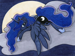 Size: 1000x747 | Tagged: safe, artist:jenkiwi, imported from derpibooru, princess luna, alicorn, pony, cloud, female, mare, moon, night, prone, solo, traditional art