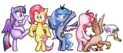 Size: 1024x446 | Tagged: dead source, safe, artist:unousaya, imported from derpibooru, fluttershy, gilda, pinkie pie, princess luna, twilight sparkle, alicorn, griffon, pony, female, mare, pose, traditional art, twilight sparkle (alicorn)