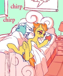 Size: 400x486 | Tagged: dead source, safe, artist:semi-kon, artist:susu, imported from derpibooru, fleetfoot, spitfire, pegasus, pony, alarm clock, bed, blanket, female, fleetfire, hangover, lamp, lesbian, lying down, morning after, on back, on side, pillow, shipping, side, tired, underhoof, wavy mouth