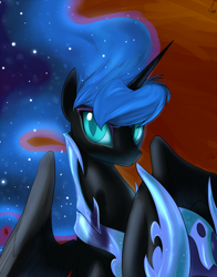 Size: 1800x2291 | Tagged: safe, artist:valcron, imported from derpibooru, nightmare moon, alicorn, pony, armor, bust, colored pupils, ethereal mane, female, frown, helmet, hoof hold, looking at you, mare, pretty, slit eyes, slit pupils, solo, spread wings, starry mane, wings