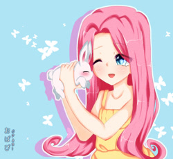 Size: 600x550 | Tagged: safe, artist:opabi, imported from derpibooru, angel bunny, fluttershy, human, cute, humanized, shyabetes