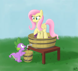 Size: 1970x1785 | Tagged: safe, artist:schnitzellover, imported from derpibooru, fluttershy, spike, grape juice, unamused