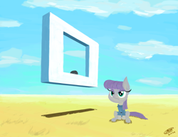 Size: 1280x989 | Tagged: safe, artist:loreto-arts, imported from derpibooru, boulder (pet), maud pie, boulder (g4), female, field, floating, frown, grass, shadow, sitting, sky, solo, surreal