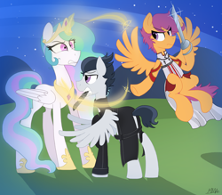 Size: 2000x1750 | Tagged: safe, artist:mymineawesome, artist:thevixvix, imported from derpibooru, princess celestia, rumble, scootaloo, alicorn, pony, clothes, fight, gritted teeth, magic, mouth hold, ponies wearing black, spread wings, sword, sword art online, weapon, wide eyes