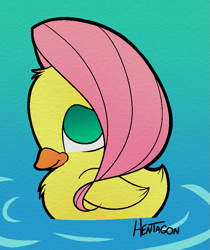 Size: 739x880 | Tagged: safe, artist:hentagon, imported from derpibooru, fluttershy, duck, cute, duckling, female, fluffy, flutterduck, shyabetes, smiling, solo, species swap, water