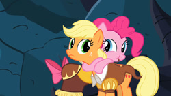 Size: 800x450 | Tagged: safe, artist:dtkraus, edit, imported from derpibooru, screencap, applejack, chancellor puddinghead, pinkie pie, smart cookie, hearth's warming eve (episode), eating, hearth's warming eve, hug, nom