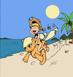 Size: 869x920 | Tagged: safe, artist:asrialfeeple, color edit, imported from derpibooru, applejack, human, accessory swap, beach, clothes, colored, crossover, feet, human on top, humans riding ponies, katie power, marvel, patrick star, power pack, riding, running, spongebob squarepants, swimsuit