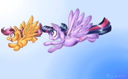 Size: 1600x995 | Tagged: safe, artist:ro-z-po-z, imported from derpibooru, scootaloo, twilight sparkle, alicorn, pony, female, flying, happy, mare, race, scootaloo can fly, sky, surprised, twilight sparkle (alicorn)