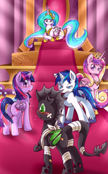 Size: 1250x2000 | Tagged: safe, artist:vavacung, imported from derpibooru, princess cadance, princess celestia, shining armor, twilight sparkle, oc, alicorn, changeling, pony, alicorn triarchy, bandage, blushing, butt, eyes on the prize, female, glare, green changeling, gritted teeth, injured, looking back, mare, open mouth, plot, prone, sisters-in-law, smiling, sparkles, twibutt, twilight sparkle (alicorn), wavy mouth, wide eyes