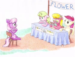 Size: 2164x1652 | Tagged: safe, artist:philo5, imported from derpibooru, cheerilee, daisy, flower wishes, lily valley, roseluck, banner, floppy ears, flower trio, frown, glasses, gritted teeth, leaning, lip bite, nervous, raised eyebrow, reading, sitting, table, traditional art