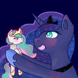 Size: 1000x1000 | Tagged: dead source, safe, artist:tommyjazz, imported from derpibooru, princess celestia, princess luna, alicorn, pony, holding a pony, micro, shrunk, shrunklestia