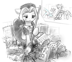 Size: 1020x868 | Tagged: safe, artist:alloyrabbit, imported from derpibooru, oc, oc only, oc:mechaultramare, oc:orchid, oc:ultramare, earth pony, pony, behaving like a dog, broom, city, clothes, debris, destruction, giant pony, macro, maid, sweeping, vacuum cleaner