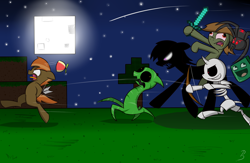 Size: 2000x1300 | Tagged: safe, artist:pandramodo, imported from derpibooru, button mash, earth pony, enderman, giant spider, pony, slime monster, spider, zombie, don't mine at night, arrow, awesome face, awsome face, bipedal, bow (weapon), bow and arrow, colt, creeper, crossover, dexterous hooves, diamond sword, full moon, hat, hoof hold, literal butthurt, male, minecraft, moon, pain, propeller hat, running away, skeleton, sword, weapon