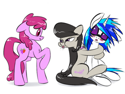 Size: 800x600 | Tagged: safe, artist:underpable, imported from derpibooru, berry punch, berryshine, dj pon-3, octavia melody, vinyl scratch, earth pony, pony, unicorn, blushing, bow, bowtie, female, hug, lesbian, looking at each other, mare, mine!, possessive, raspberry, scratchtavia, shipping, simple background, tongue out, white background