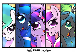 Size: 1300x900 | Tagged: safe, artist:joakaha, imported from derpibooru, princess cadance, princess celestia, princess luna, queen chrysalis, twilight sparkle, alicorn, pony, column lineup, female, line-up, mare, twilight sparkle (alicorn)