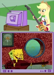 Size: 1236x1730 | Tagged: safe, imported from derpibooru, applejack, equestria girls, cello, exploitable meme, guitar, meme, musical instrument, naughty nautical neighbors, spongebob squarepants, spongebob squarepants (character), tv meme