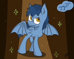 Size: 1024x805 | Tagged: safe, artist:avizo-23, imported from derpibooru, blues, noteworthy, bat pony, pony, chest fluff, ear fluff, fangs, male, solo