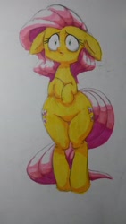 Size: 1836x3264 | Tagged: safe, artist:as177sd, imported from derpibooru, fluttershy, pony, bipedal, female, floppy ears, pixiv, solo, traditional art, wide hips