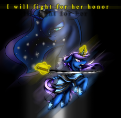 Size: 800x781 | Tagged: safe, artist:empressofsakura, imported from derpibooru, princess luna, oc, oc:azure night, azuna, canon x oc, katana, sword, weapon